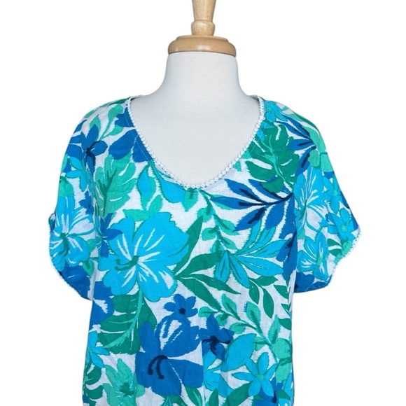 Emily Daniel’s Linen Blue and Green Tropical  Print Top Size XL - Picture 2 of 8